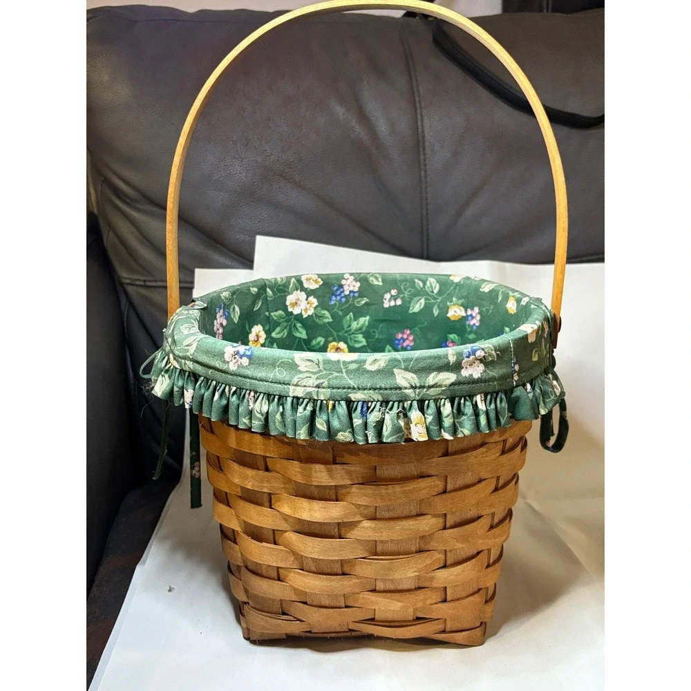 Longaberger Vintage 1997 Retired Handwoven Basket Green Floral Liner 11x12